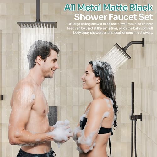 Black Shower System, Matte Black Shower Faucet Set with 3 In 1 Push Button Shower Diverter Valve, 10'' Ceiling Shower Head and 6'' Wall Mounted Shower Head, Black Rain Shower Head with Handheld Spray - color: Matte Black