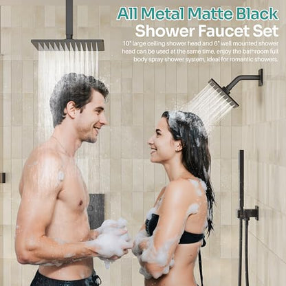 Black Shower System, Matte Black Shower Faucet Set with 3 In 1 Push Button Shower Diverter Valve, 10'' Ceiling Shower Head and 6'' Wall Mounted Shower Head, Black Rain Shower Head with Handheld Spray - color: Matte Black