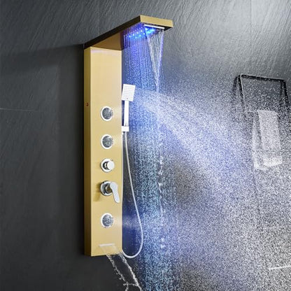 5-in-1 Shower Panel Tower System with LED Lights, 2-in-1 Body Massage, Rainfall, Waterfall,Handheld and Tub Spout, Stainless Steel Shower Column - Gold - color: Gold - 2-in-1 Body Jets