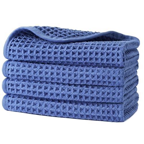POLYTE 430 GSM Microfiber Lint Free Washcloth Face Towel, 13 x 13 in, 4 Pack (Waffle Weave) - color: Royal Blue