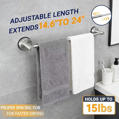 Towel Racks for Bathroom Suction Cup Towel Bar 14.6-24in Adjustable | No Drill Bathroom Towel Holder, Stainless Steel Construction, Heavy Duty Wall Mounted (silver) - color: Silver
