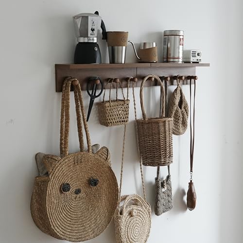 Wall Mounted Coat Rack with Shelf, 2 Pack Rustic Brown Floating Shelf with 8 Hooks, Heavy Duty Entryway Organizer for Hanging Coats, Bags, Hats, Towels - Ideal for Entryway—Teak Color Veneer - color: 2PC-Teak colored veneer