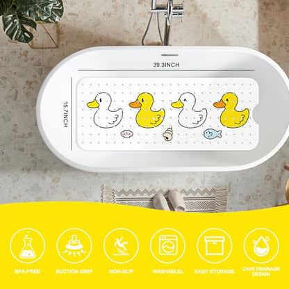 PRATIQUE Kids Bath Mat for Tub Non Slip，40 X 16 Inch Extra Long Kids Bathtub Mat Duck Bathtub Shower Mat Safety Anti Slip with Suction Cups and Drain Holes, Machine Washable - color: Small Duck