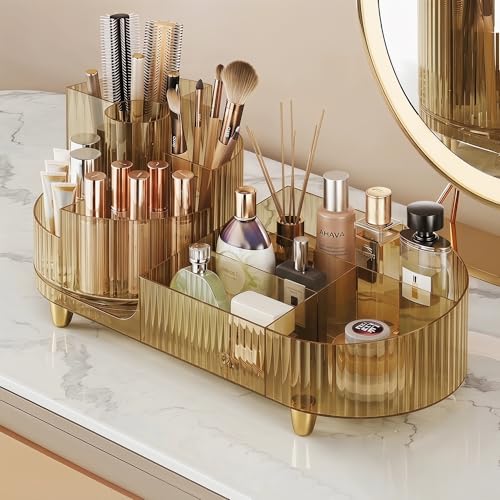 Booklov Rotating Makeup Organizer for Vanity Countertop, Amber | Clear Acrylic Cosmetic Display Case, Large Beauty Brush Holder for Bathroom Counter, Skincare Lipsticks Storage - color: Crystal Amber