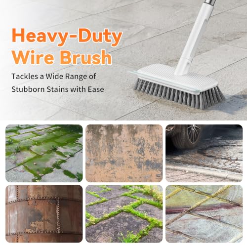 Leemone Floor Scrubber, Stainless Steel Wire Scrub Brush with Long Handle | Sturdy, with Squeegee, Deep Cleaning for Concrete, Patio, Driveway, Garage Floor, Pavers, Grout & Moss Removal