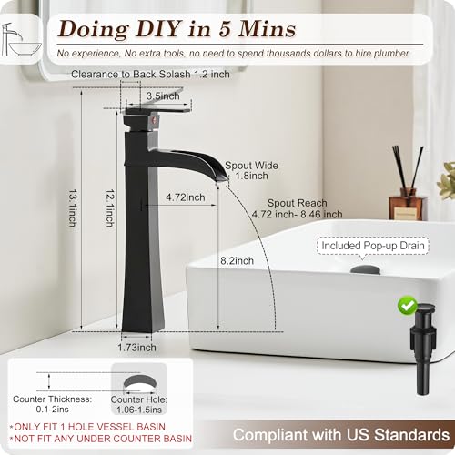 Vessel Sink Faucet Black, 12 Inch Waterfall Tall Bathroom Faucet One Hole with Pop-Up Drain & Pre-Installed Hoses, Single Handle for Bathroom Sink Bowl Deck Mount, Modern, Brass Material - color: Matte Black - Elegant