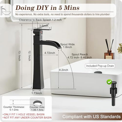 Vessel Sink Faucet Black, 12 Inch Waterfall Tall Bathroom Faucet One Hole with Pop-Up Drain & Pre-Installed Hoses, Single Handle for Bathroom Sink Bowl Deck Mount, Modern, Brass Material - color: Matte Black - Elegant