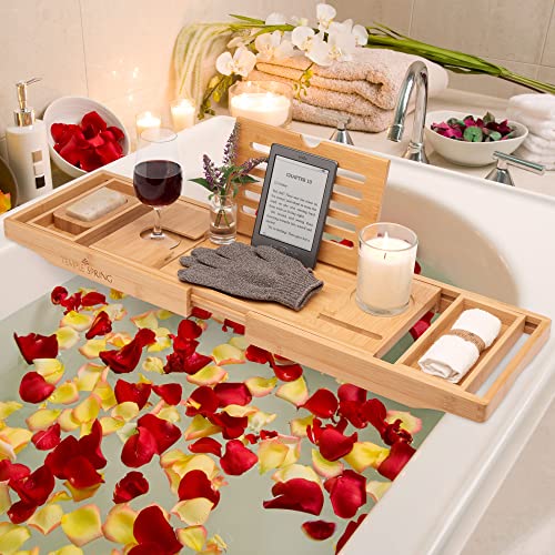 Bamboo Bathtub Tray Caddy for Tub — Expandable Wood Bath Tray with Solid Book Stand Wine Holder and Non-Slip Pads — Includes Bamboo Soap Dish and Spa Accessories — Luxury Bath Gift Set - color: Natural