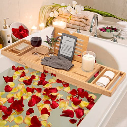 Bamboo Bathtub Tray Caddy for Tub — Expandable Wood Bath Tray with Solid Book Stand Wine Holder and Non-Slip Pads — Includes Bamboo Soap Dish and Spa Accessories — Luxury Bath Gift Set - color: Natural