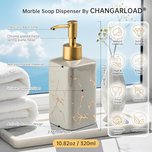 Gold Soap Dispenser for Bathroom Countertop, Square Gray Dish Soap Dispenser Pump Bottle with Golden Stripes for Kitchen Sink Laundry Shower Lotion, Ceramic Hand Dispenser Pump for Soap Liquid - color: Gray