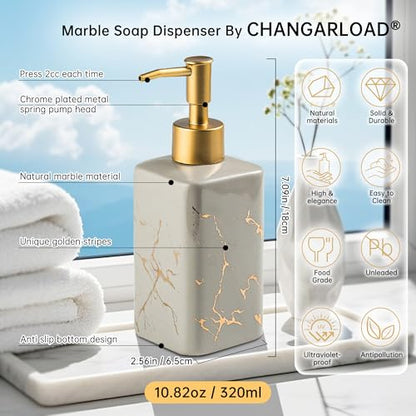 Gold Soap Dispenser for Bathroom Countertop, Square Gray Dish Soap Dispenser Pump Bottle with Golden Stripes for Kitchen Sink Laundry Shower Lotion, Ceramic Hand Dispenser Pump for Soap Liquid - color: Gray