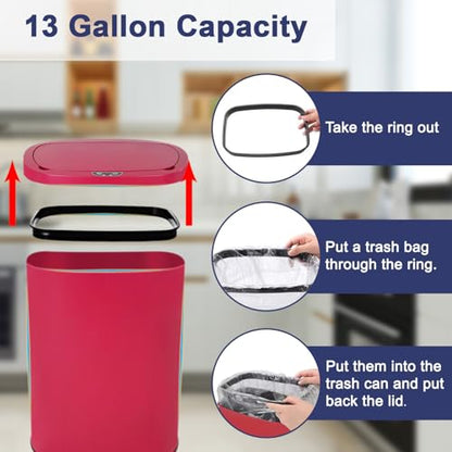 13 Gallon Kitchen Trash Can Bathroom Trash Can with Lid Red Garbage Can | Automatic Motion Sensor,50 Liter Touchless Trash Bin,Waterproof Garbage Bin Wastebasket for Toilet,Office,Caravans,Bedroom, - color: Red
