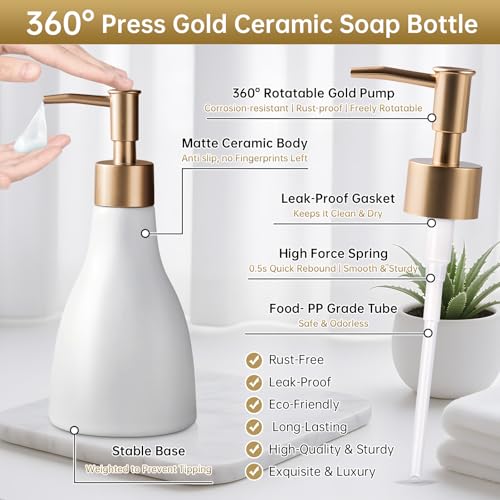 Gold Dispenser Bottle for Bathroom Countertop, Ceramic White Dish Soap Dispenser for Kitchen Sink Soap Pump Lotion, Modern Hand Soap Dispenser with Gold Pump for Liquid Laundry Shower 280ml - color: White