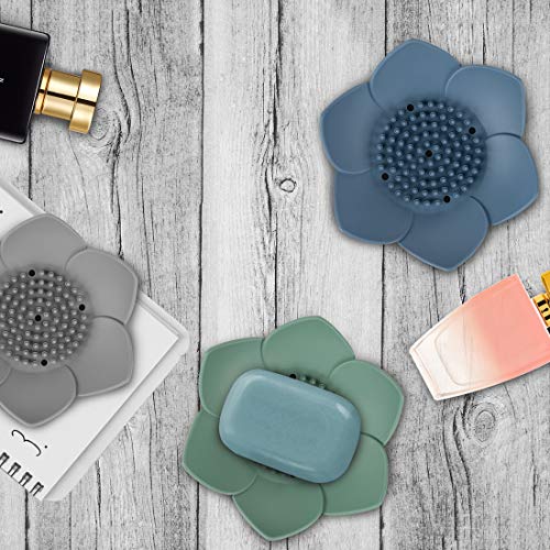 3 Pack Soap Dish Holder, Bar Soap Tray with Drain, Lotus Silicone Soap Saver Case for Shower Bathroom (Blue, Green, Grey) - color: Blue, Green, Grey