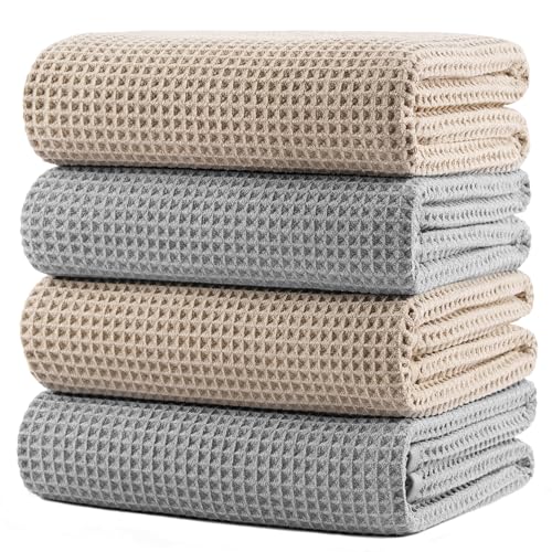 POLYTE 430 GSM Poly Blend Microfiber Quick Dry Waffle Bath Towel, 30x60 in | 4 Pack, Oversize, Lint Free, Body Towel - color: Beige,light Gray