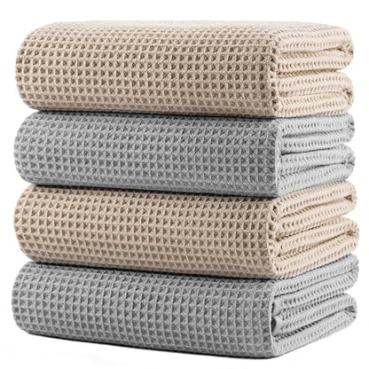 POLYTE 430 GSM Poly Blend Microfiber Quick Dry Waffle Bath Towel, 30x60 in | 4 Pack, Oversize, Lint Free, Body Towel - color: Beige,light Gray