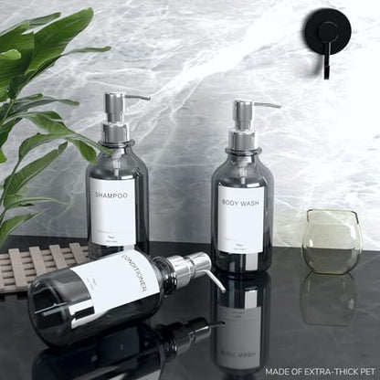Stylish Shampoo and Conditioner Dispenser Wall Mount Set of 3 - No Drill 16oz Shower Soap Dispenser Wall Mounted 3 Chamber with 6 Labels, Easy to Refill Shampoo Dispenser for Shower Wall - Clear - color: Clear