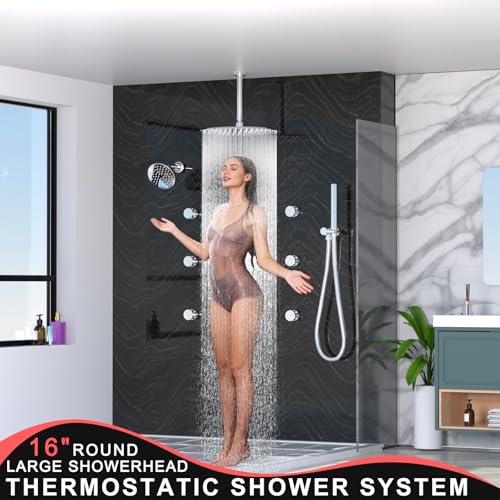 HOMEDEC 16inch Round Rain Shower System with 6" Wall Mounted Shower Head, 4 Way Shower Valve with 2-Function Handheld Shower and Massage Jets, Chrome - color: Chrome, style: 4-Way + 1x 6" Top