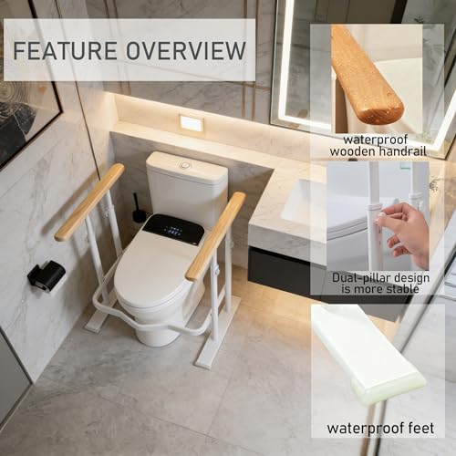 Toilet Safety Rails for Seniors - Toilet Safety Frame with Dual Pillars, Waterproof Nighttime Reflective Base, 3-Speed Height Adjustment (White, Double Pillar) - color: White