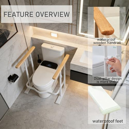 Toilet Safety Rails for Seniors - Toilet Safety Frame with Dual Pillars, Waterproof Nighttime Reflective Base, 3-Speed Height Adjustment (White, Double Pillar) - color: White