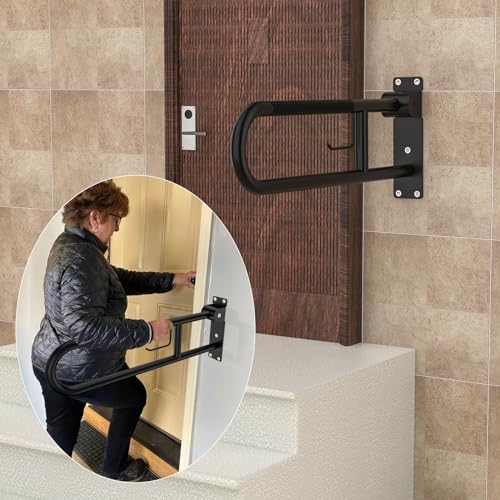 Toilet Grab Bar 32 Inch,YuanDe Matte Black Anti-Slip U-Flip-Up Handrails | Stainless Steel,Knurled Grip, Paper Holder, Toilet-Side Use, Sit/Stand Assistance, Elderly/Disabled/Pregnant Safety Assist - color: Matte Black, size: 32 IN