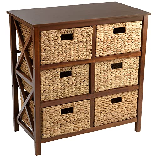 3 Tier X-Side End Storage Cabinet, Walnut | 6 Wicker Baskets - color: Walnut, size: 15.5"D x 29.3"W x 30"H (6 Drawers)