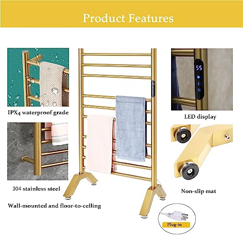 Electric Towel Warmer Gold,Heated Towel Rack Free Standing & Wall Mounted Towel Racks for Bathroom 304 Stainless Steel Radiator 10 Bars Bath Towel Heater with Built-in Timer,Plug-in - color: Gold