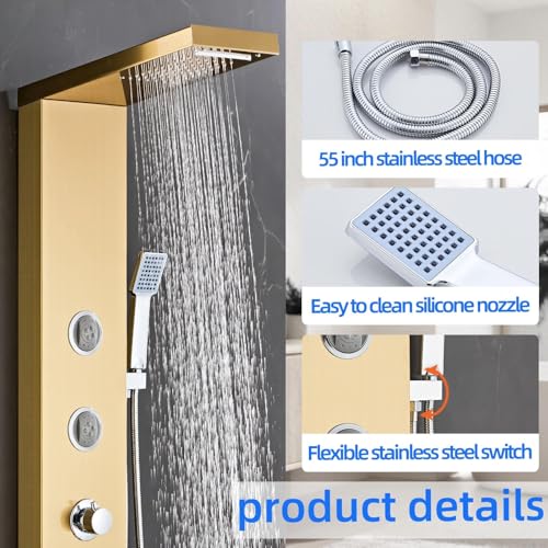 6 in1 Multi-Function Shower Panel Tower System-Brushed Gold | 304 stainless steel Shower Panel Column Tower with Powerful Body Massage, Rainfall, Waterfall,Handheld and Tub Spout - color: Brushed Gold, style: HSY-003