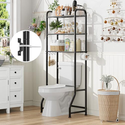 Simple Trending Over The Toilet Storage Rack, Metal 3 Tier Bathroom Organizer Shelf with Paper Holder and 3 Hooks, Freestanding Shelf Space Saver Above Toilet,Black - color: 3-tier Black