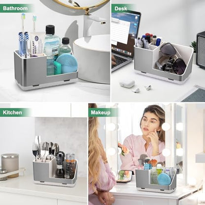 Toothbrush Holders for Bathroom Countertop Organizer (Brushed Silver Grain) | Easy To Clean, Drainage, Non-Slip, Detachable, Kids Electric Toothbrush and Toothpaste Holder for Bathrooms - color: Brushed Silver