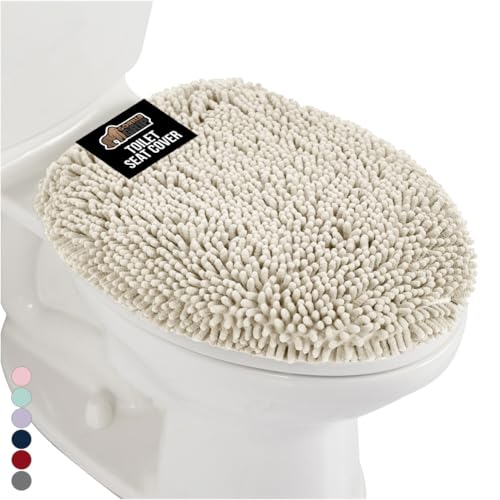GORILLA GRIP Soft Chenille Bathroom Toilet Lid Cover, Machine Washable Seat Covers, 19.5x18.5, Stays In Place Rubber Backing, Fits Most Round, Elongated and Oblong Lids, Accessories Decor, Ivory Cream - color: Ivory, style: Chenille