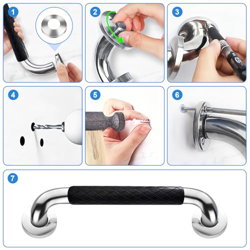 12 Inch Grab Bars for Bathtubs and Showers, Wall Mounted, Stainless Steel Bathroom Safety Grab Bar with Black Grip for Elderly, Handicap, Waterproof & Slip-Proof - color: black-12”-1pack
