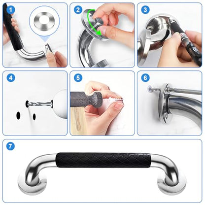 12 Inch Grab Bars for Bathtubs and Showers, Wall Mounted, Stainless Steel Bathroom Safety Grab Bar with Black Grip for Elderly, Handicap, Waterproof & Slip-Proof - color: black-12”-1pack