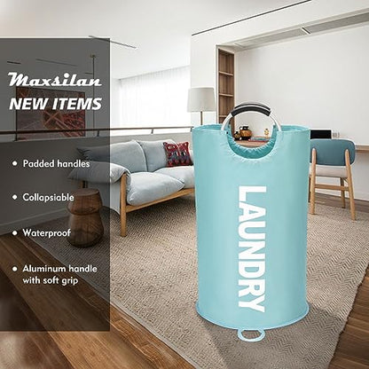 Maxsilan 90L Large Laundry Basket Bag, Collapsible Tall Hamper, Light Blue | Freestanding tall laundry bag & foldable washing basket. Extra large clothes storage bin with durable sturdy handles - color: Light Blue, size: 90L