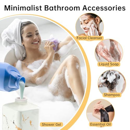 Gold Soap Dispenser for Bathroom Countertop, Square White Dish Soap Dispenser Pump Bottle with Golden Stripes for Kitchen Sink Laundry Shower Lotion, Ceramic Hand Pump for Soap Liquid - color: White