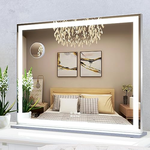 ANYHI Vanity Mirror with Lights, 28.3"x22.1" Tabletop Vanity Mirror with Lights and Stand, 3 Color Modes, 10X Magnification, Smart Touch Control, Wall Mount/Desk Mirror for Bedroom Makeup Room, Silver - color: Silver, size: 22.1"L x 28.3"W