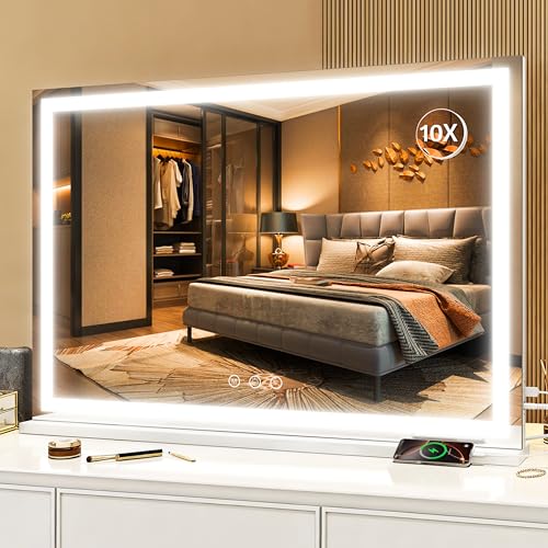 ROLOVE Large Vanity Mirror with Lights 35.5" x 27", LED Hollywood Makeup Mirror with USB Charging Port, 3 Color Modes, Dimmable Touch Control, 10X Magnification, Wall Mounted or Tabletop - color: White, size: 35"L x 27"W