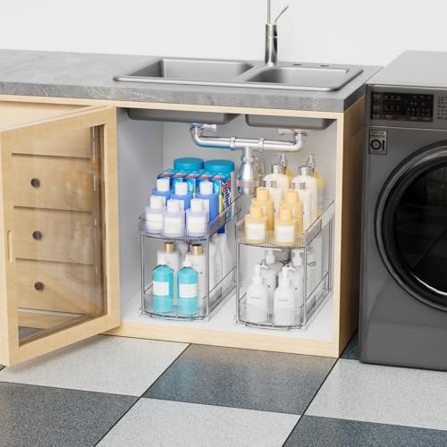 4 Pack Large Pull Out Bathroom Organizers and Storage,2 Tier 12.8″ Tall Sliding Kitchen Under Sink Organizer for Cleaning Products Storage,Acrylic Clear Bathroom inder Sink Organizer,Undersink Storage - style: 4 Pack-2 Tier