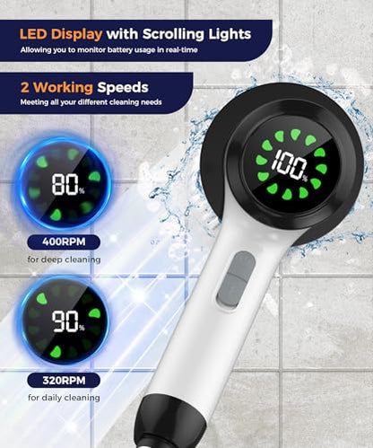 Cordless Electric Spin Scrubber with 7 Brush Heads, White-te1 | Adjustable long handle for shower, tile, grout, sink, tub, floor, and car wheel cleaning - size: 7heads