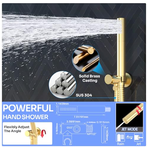 HOMEDEC 16" Round Rain Shower Faucet Set with Dual 6" Wall Mounted Shower Heads, 4 Way Shower Valve with 2-Function Handheld Shower, Brushed Gold - color: Brushed Gold, style: 4-Way + 2x 6" Top (No Jets)