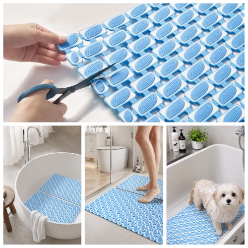 Shower Mat Non Slip Bathtub Mat, Bath Mat for Tub with Strong Suction Cups, Quick Dry Drain Holes, Machine Washable Shower Floor Mat for Elderly & Kids, 27"x16", Blue - color: Blue