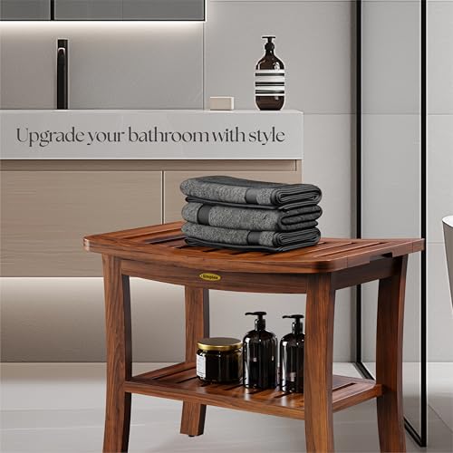 Teak Shower Bench for Inside Shower, Solid Teak Wood Bathroom Bench with Shelf, Waterproof Indoor Outdoor Spa Bench