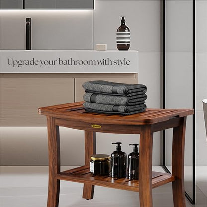 Teak Shower Bench for Inside Shower, Solid Teak Wood Bathroom Bench with Shelf, Waterproof Indoor Outdoor Spa Bench