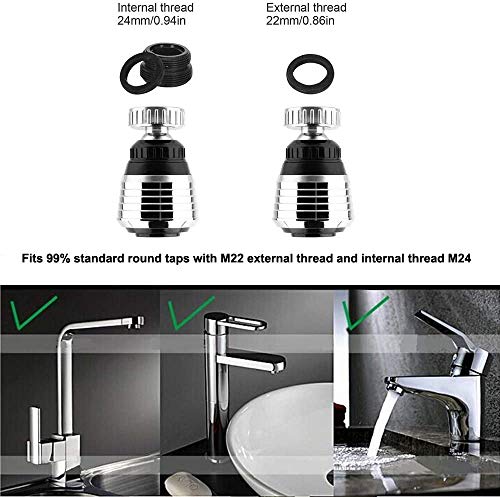360° Rotate Swivel Water Saving Tap Aerator Diffuser Faucet Nozzle Filter Adapter, Dual Spray Stream, Fits M22 M24 Kitchen Sink & Utility Faucets