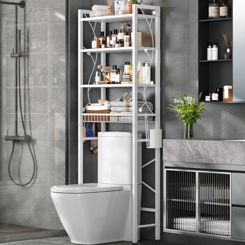 Over-The-Toilet Storage Rack, 4-Tier Bathroom Organizer Shelf Over Toilet with Adjustable Shelf and Basket, Freestanding Space Saver Bathroom Shelves Above Toilet for Room (Pure White) - color: Pure White