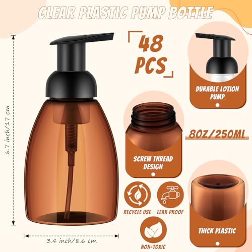 Nuenen 48 Pieces 8oz Foaming Soap Dispenser Refillable Foaming Pump Bottles Bulk Travel Hand Soap Dispenser Plastic Press Bottles Empty Containers for Shampoo Bathroom Commercial(Amber) - color: Amber