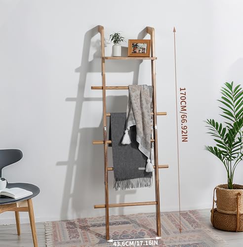 Blanket Ladder, 5-Tier Wooden Farmhouse Style Towel Rack with Shelf and Hooks, Wall Leaning Decorative Ladder for Living Room, Bedroom, Bathroom