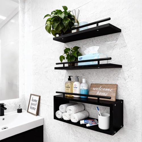 Wooden Floating Shelves with Paper Towel Holder for Bathroom Wall Storage | Bathroom Wall Shelf with Metal Rail, Wall Mount with Hardware, Over-The-Toilet Space Saver, Bedroom Kitchen Living Room Decor