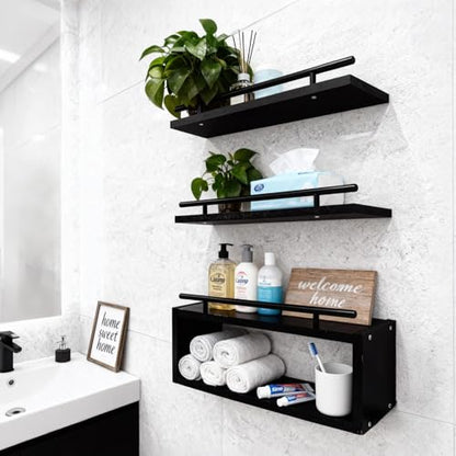 Wooden Floating Shelves with Paper Towel Holder for Bathroom Wall Storage | Bathroom Wall Shelf with Metal Rail, Wall Mount with Hardware, Over-The-Toilet Space Saver, Bedroom Kitchen Living Room Decor