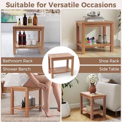 Giantex Teak Shower Bench with Shelf, 19 Inch Shower Stool with Slatted Seat for Elderly Seniors, Waterproof Bathroom Spa Bathing Seat Foot Rest Entryway Bench for Indoor and Outdoor Use - size: 19" x 12.5" x 18"